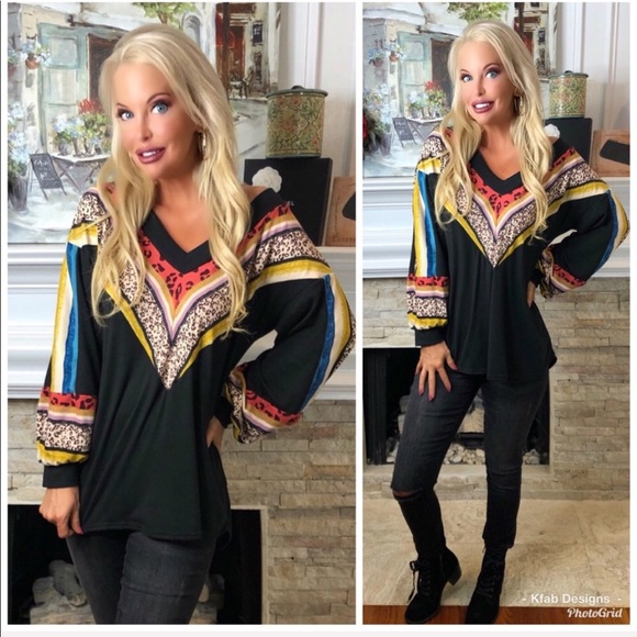 ❤️LAST 1! Wide V Neck Leopard Bishop Sleeve Top! - Picture 4 of 5